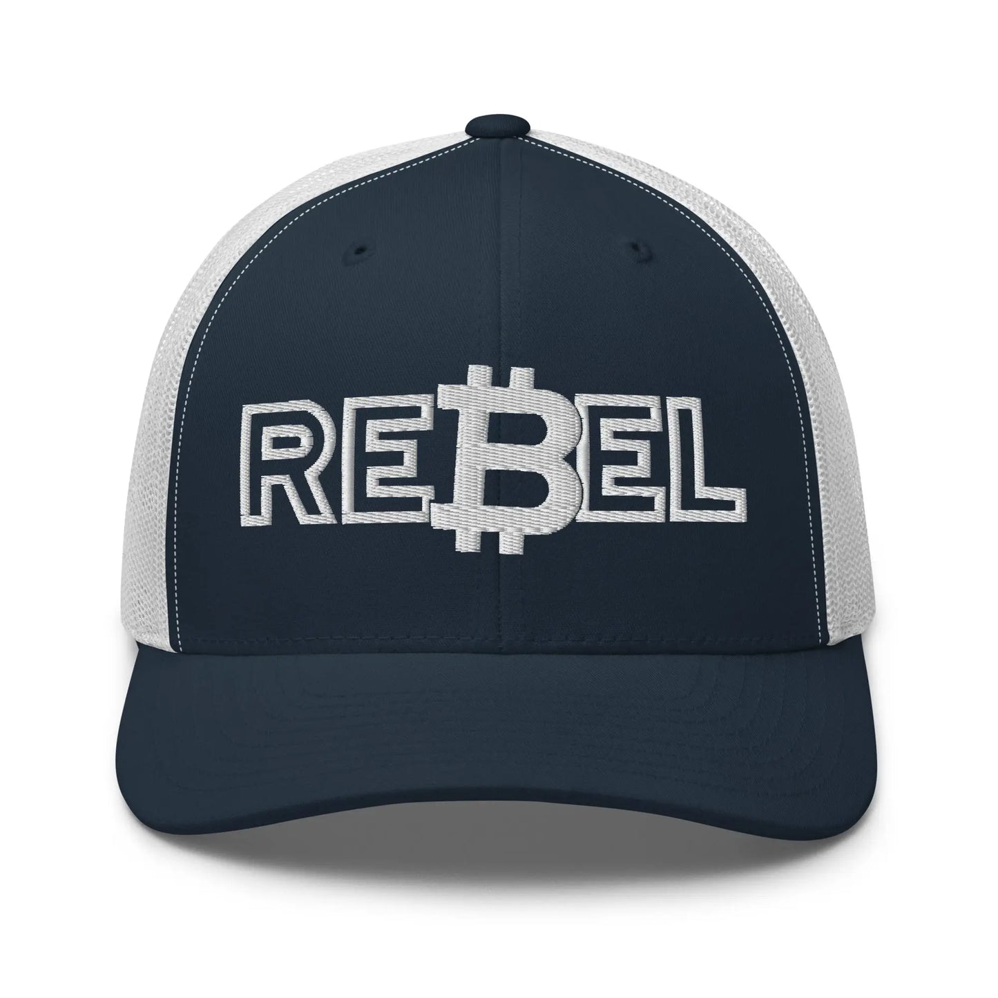 rebel bitcoin trucker hat front view navy and white