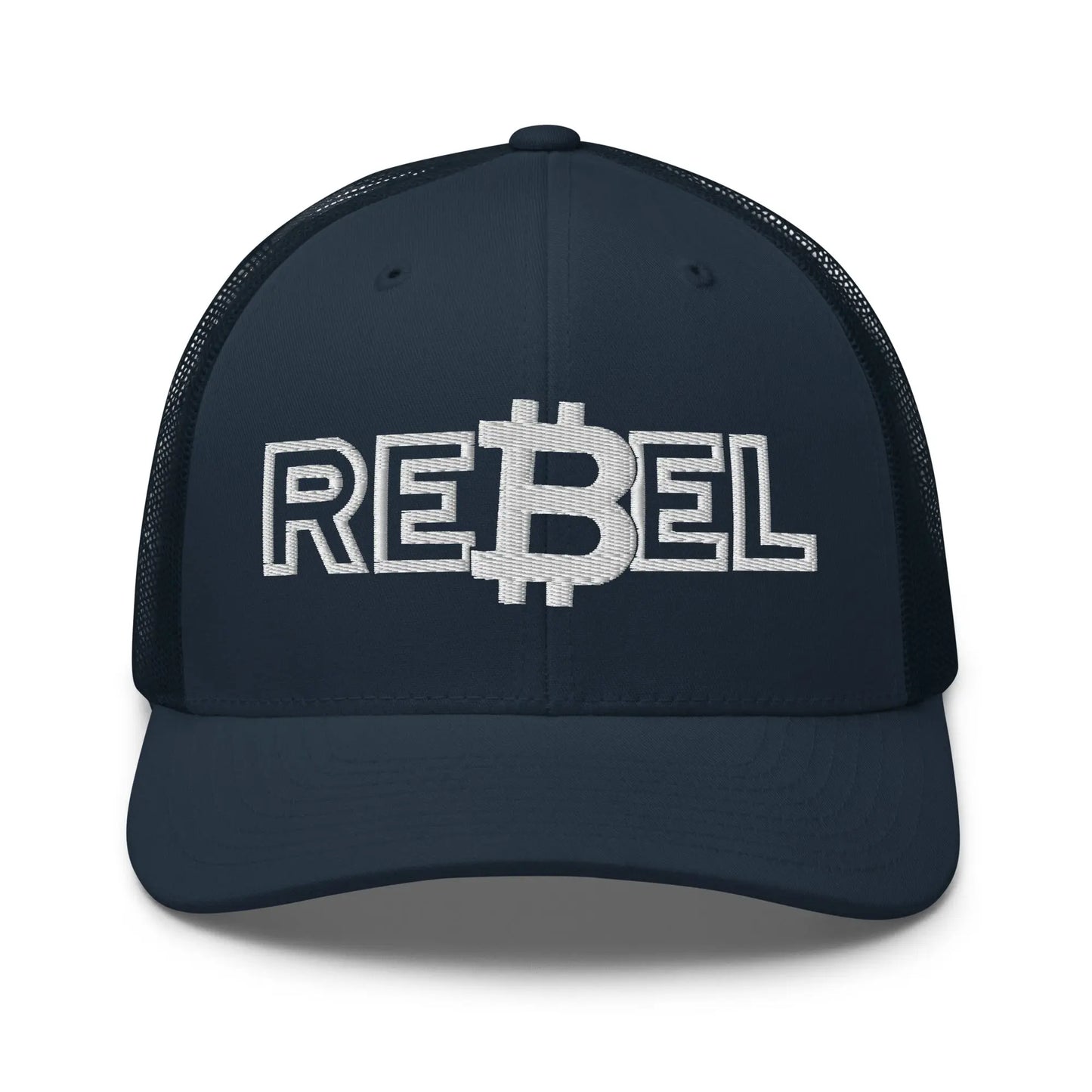 rebel bitcoin trucker hat front view navy
