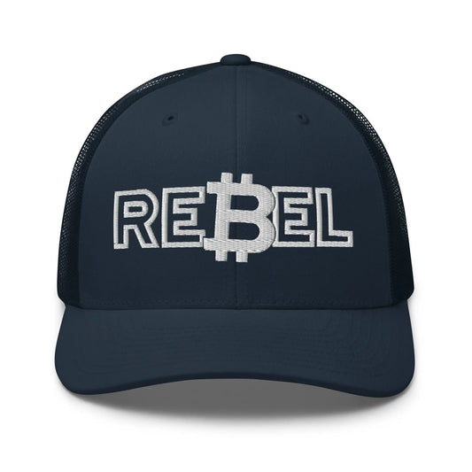 rebel bitcoin trucker hat front view navy
