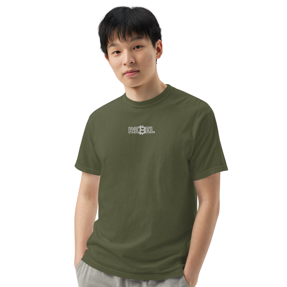 bitcoin t-shirt - rebel - worn on model - hemp green