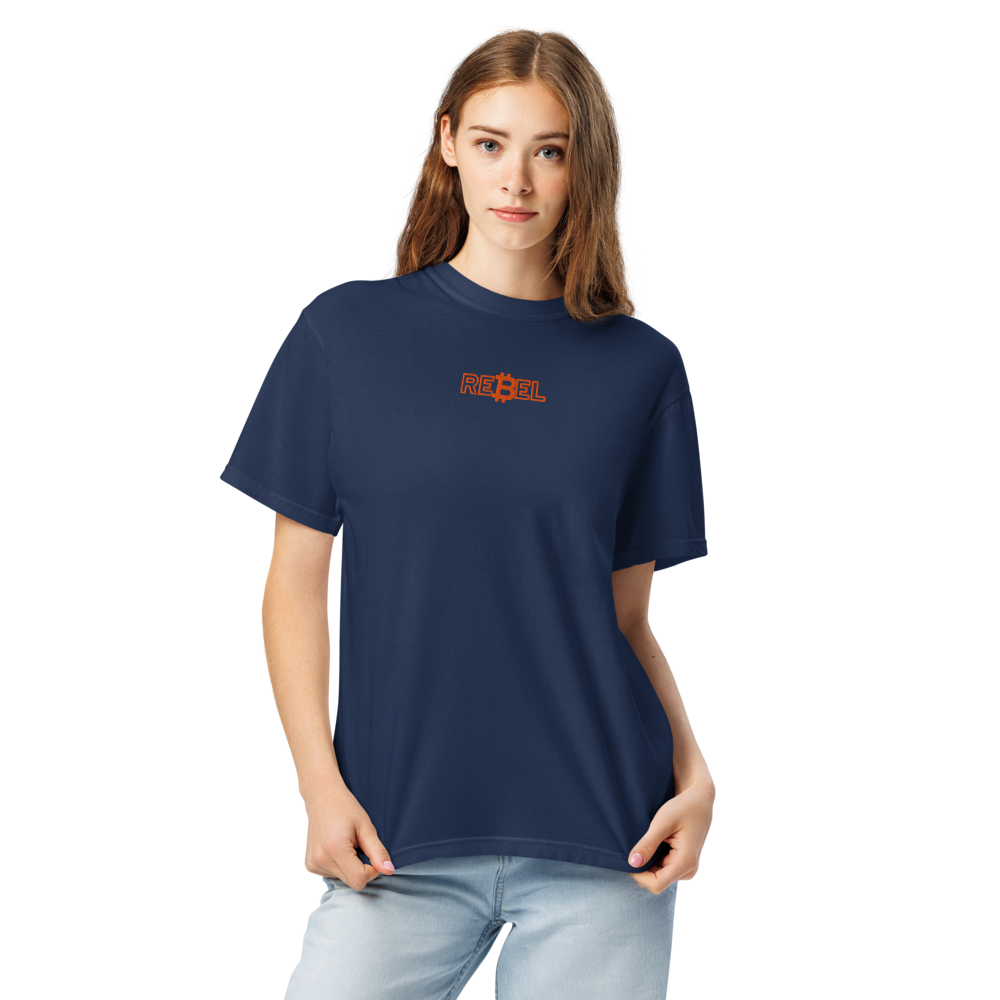 bitcoin t-shirt - rebel - worn on model - navy blue