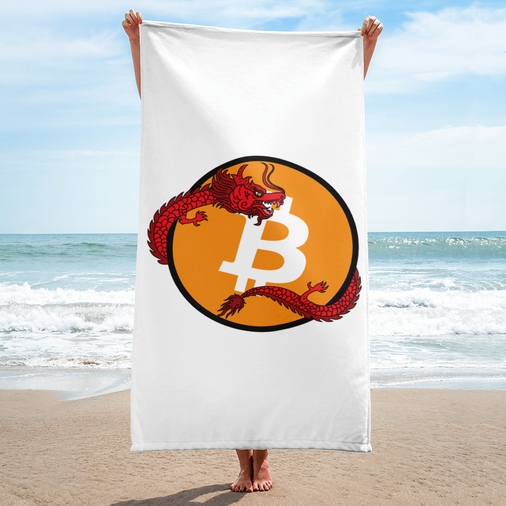 bitcoin beach towel - red dragon - by model at the beach