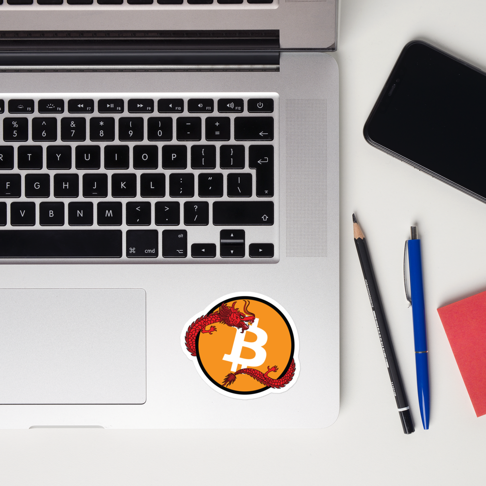 bitcoin sticker - red dragon - applied on laptop