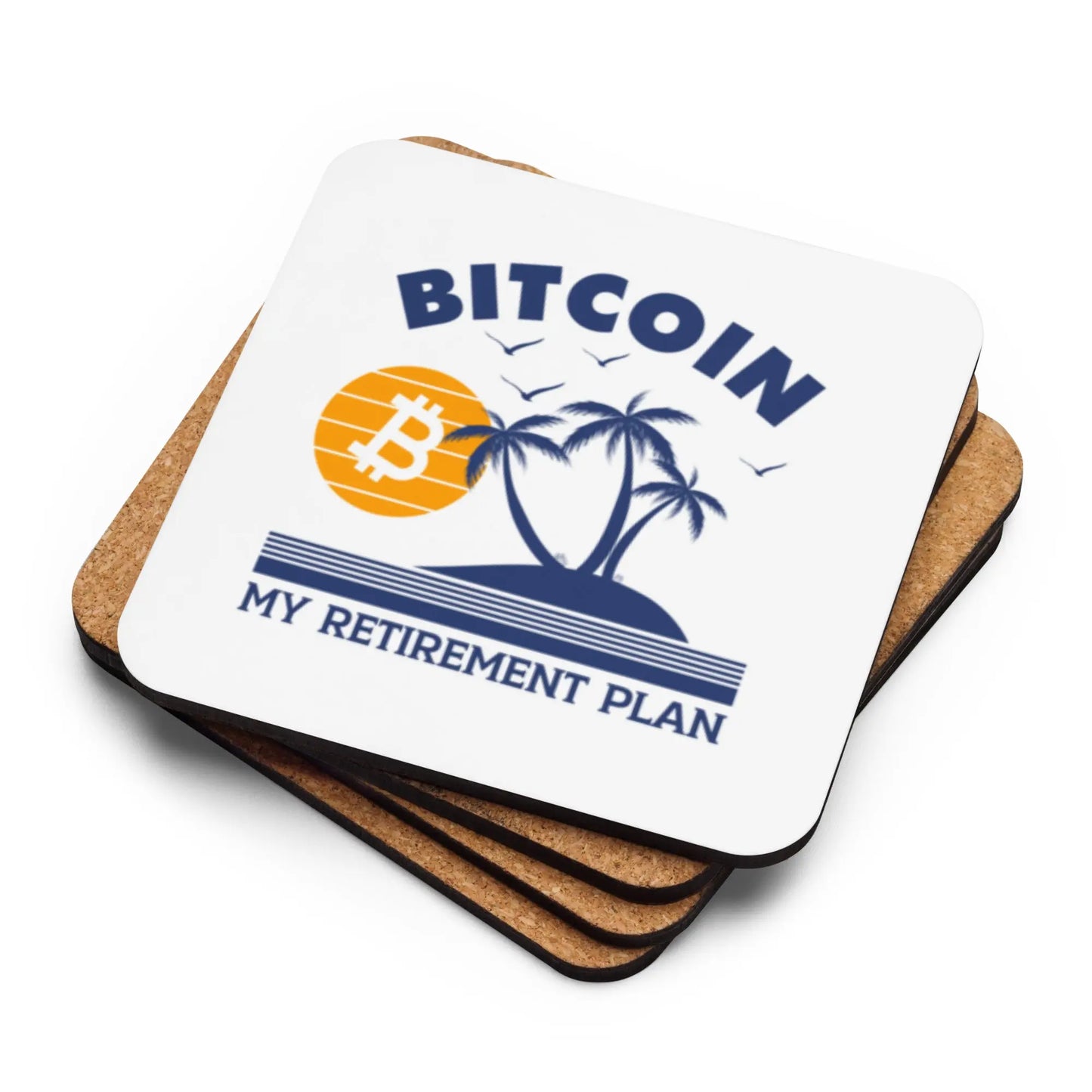Stack of Retirement Plan Bitcoin coasters showing cork backing