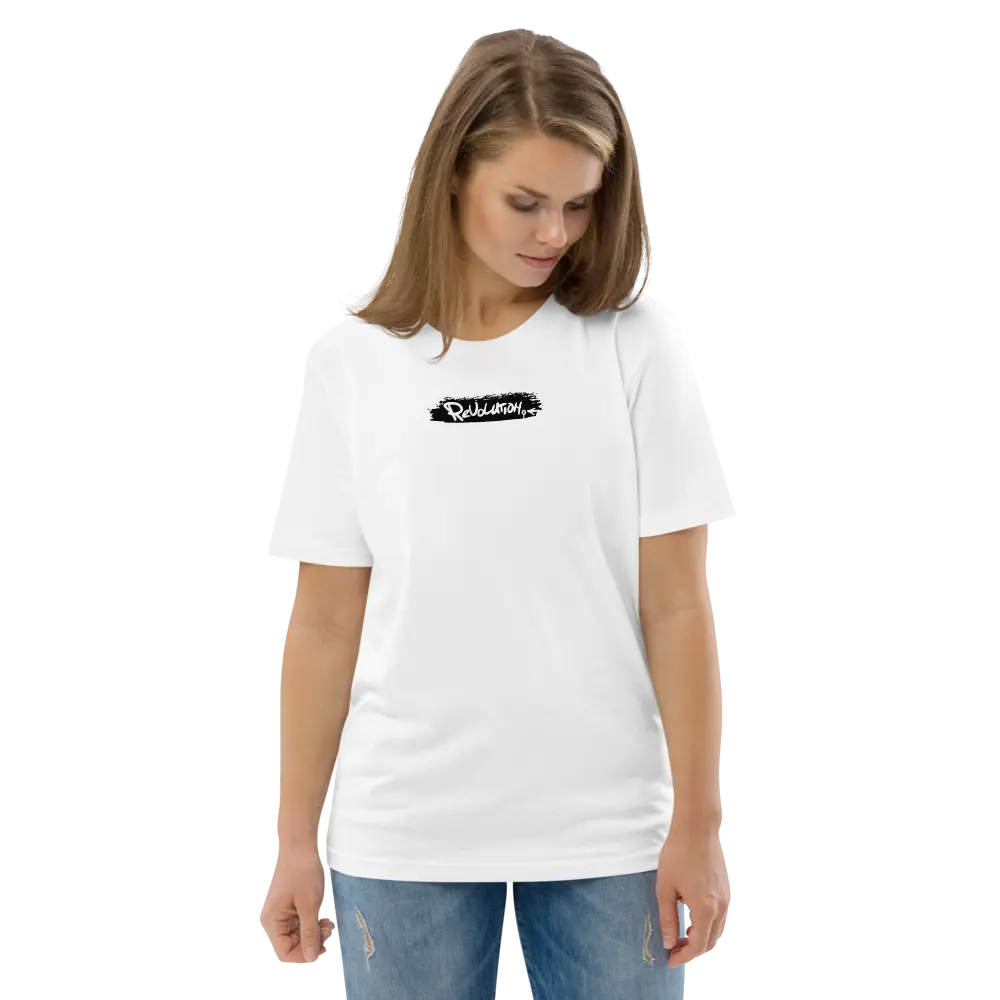 Bitcoin T-Shirt – Revolution by BitPopArt | Store of Value — worn on female model-white color shirt