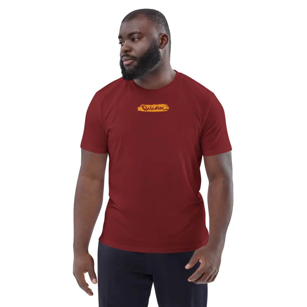 Bitcoin T-Shirt – Revolution by BitPopArt | Store of Value — worn on male model - burgundy color