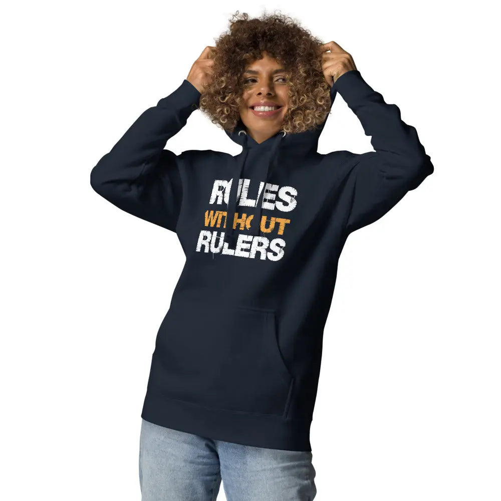 bitcoin hoodie - rules without rulers - worn on female model 