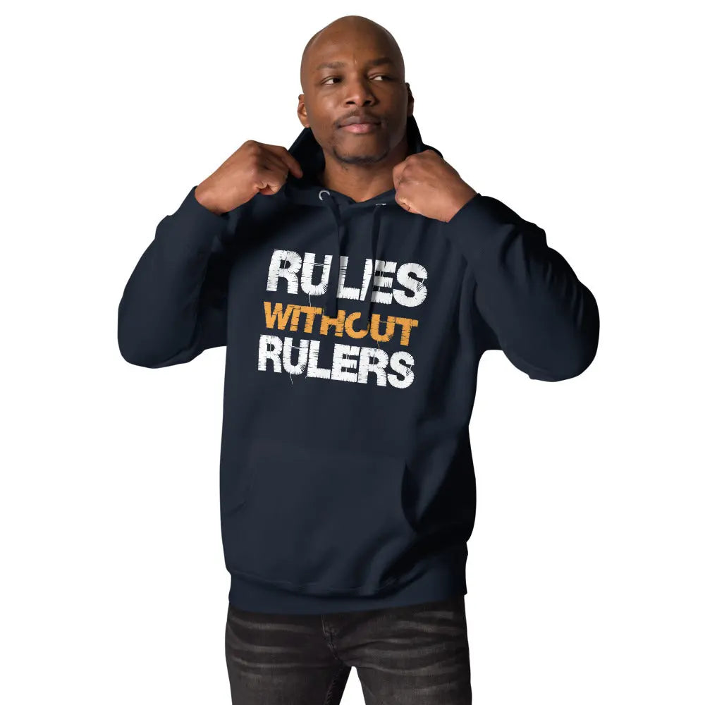 bitcoin hoodie - rules without rulers - worn on model - navy blue