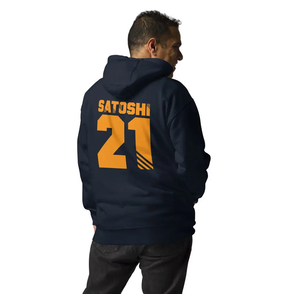 bitcoin hoodie - satoshi 21 back print - back view - navy blue