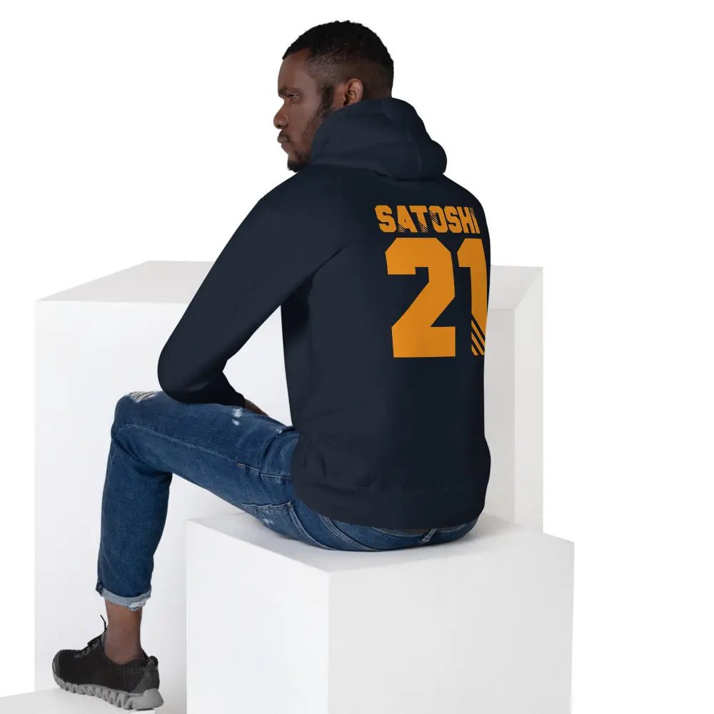 bitcoin hoodie - satoshi 21 back print - worn on model - navy