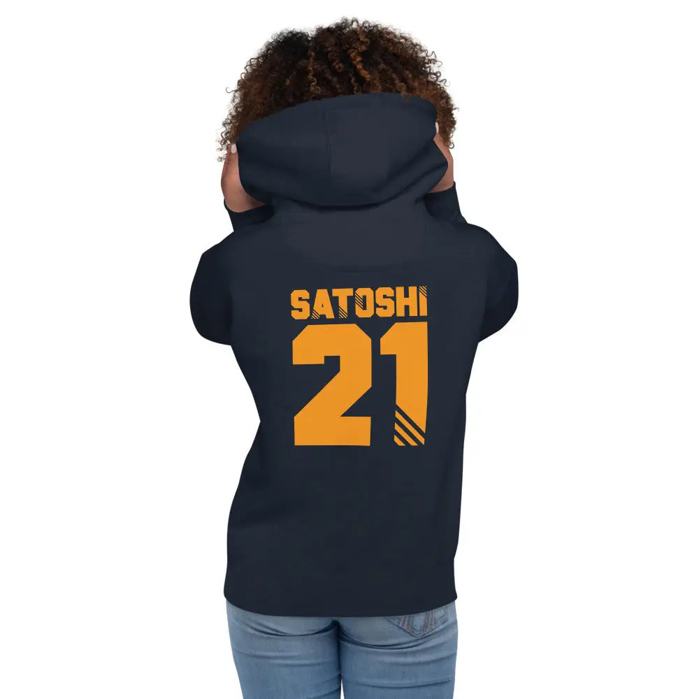 bitcoin hoodie - satoshi 21 back print - worn on female model - navy
