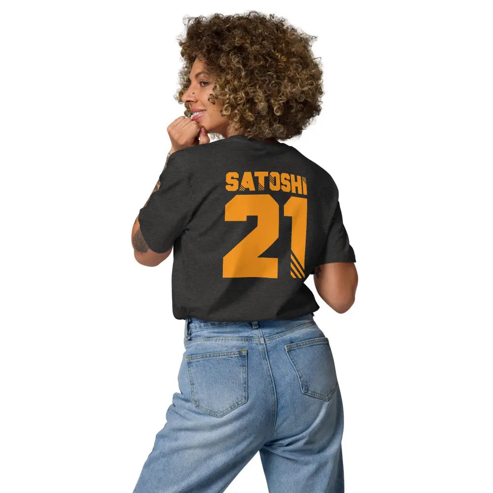 Bitcoin T-Shirt – Satoshi 21 - worn on female model — back view - grey