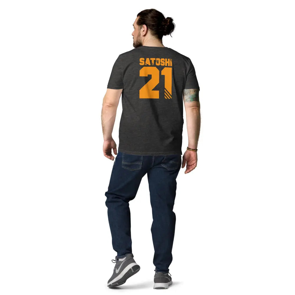 Bitcoin T-Shirt – Satoshi 21 - worn on male model — back view - grey