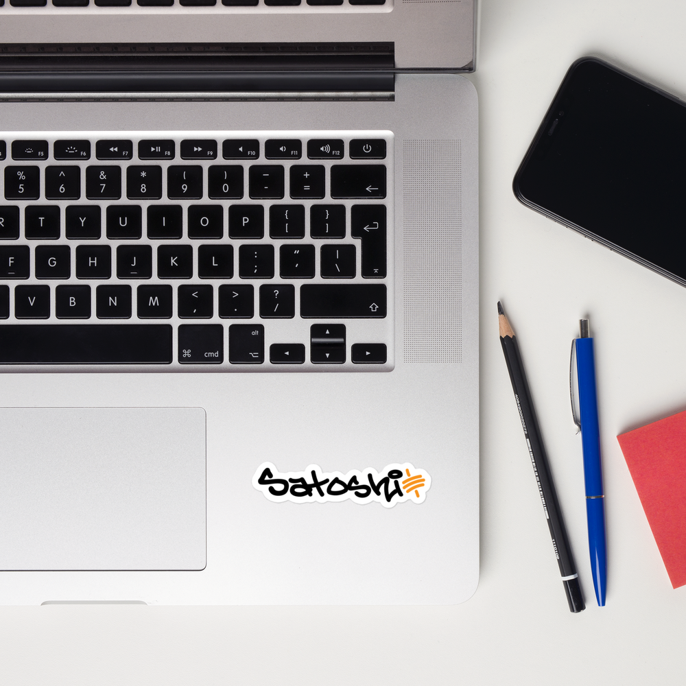 bitcoin sticker - satoshi - laptop close up