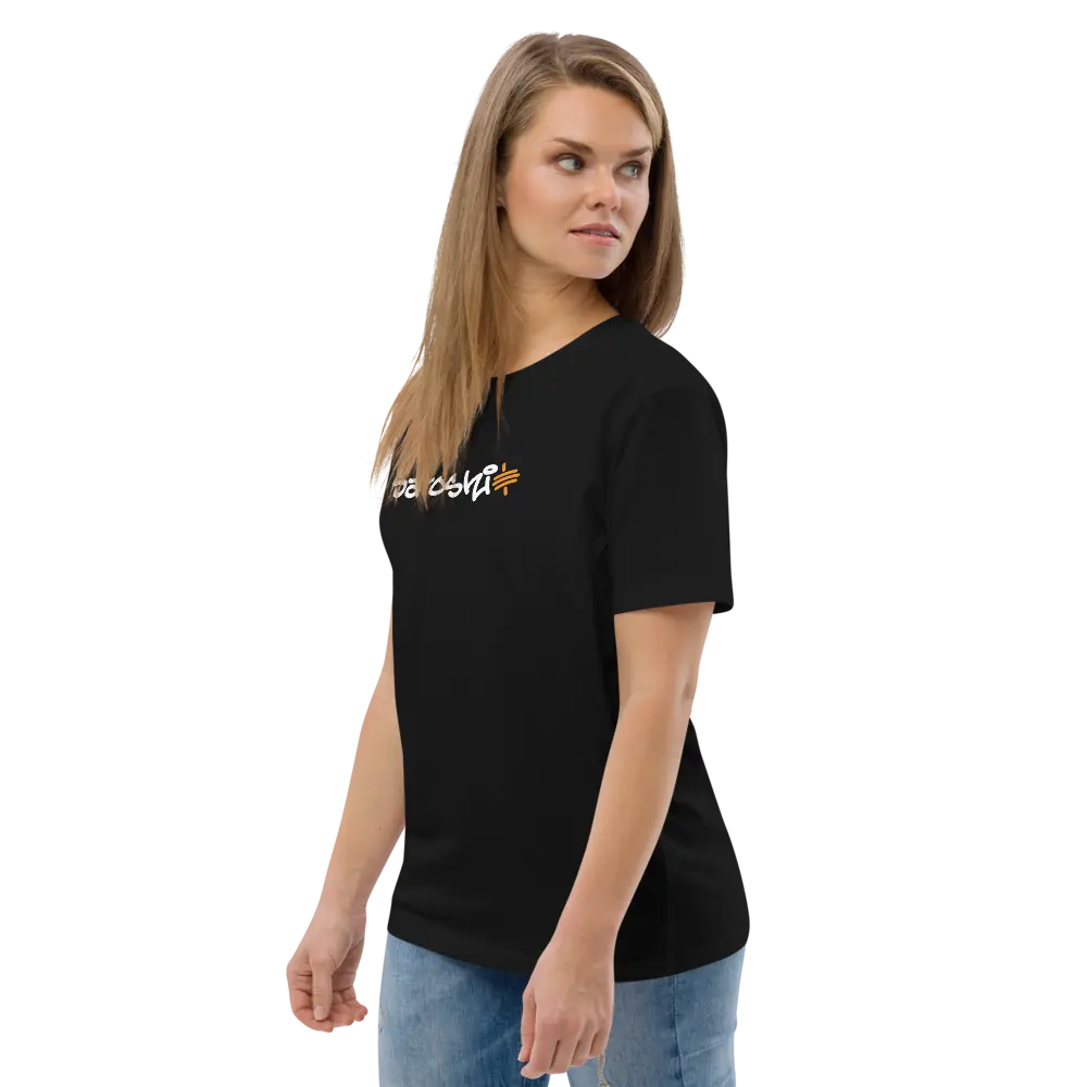 Bitcoin T-Shirt – Satoshi - worn on model - side view - female
