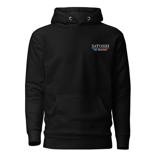 bitcoin embroidered hoodie - satoshi for president - front view - black