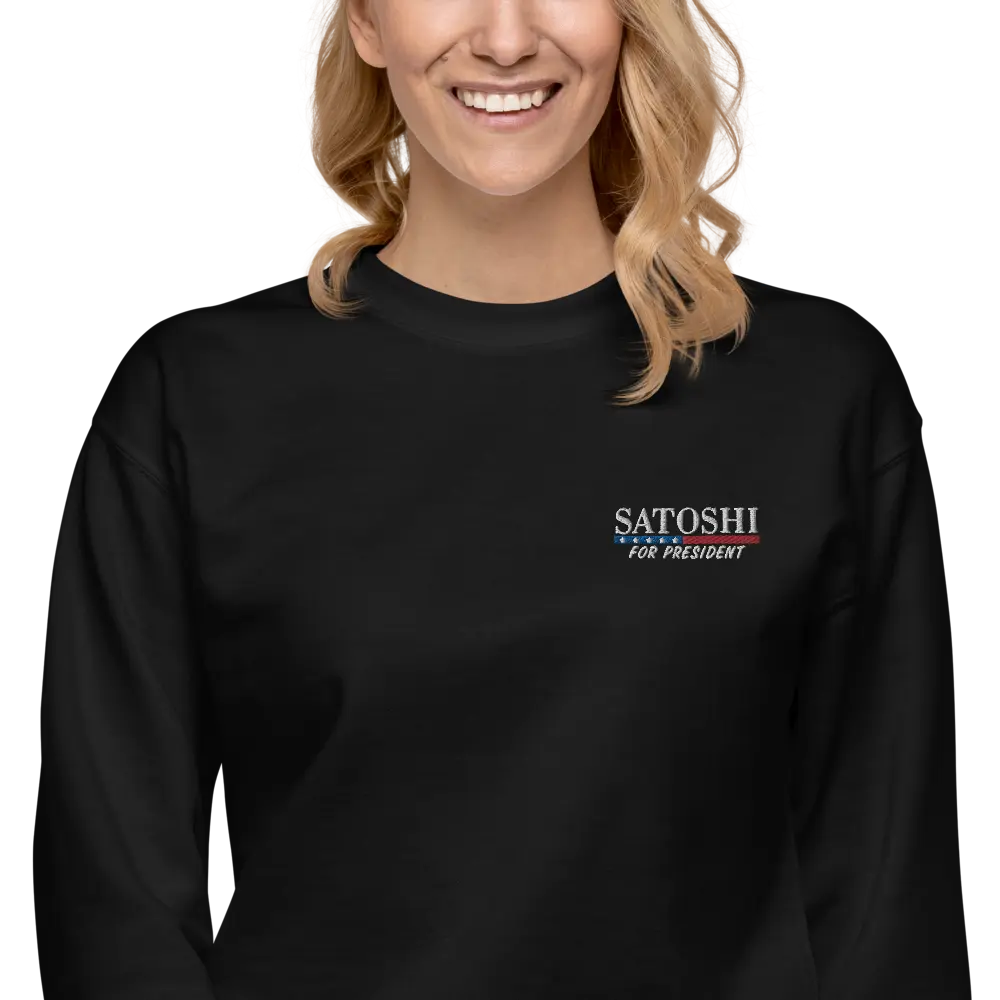 bitcoin sweatshirt - satoshi for president - embroidery close-up - black