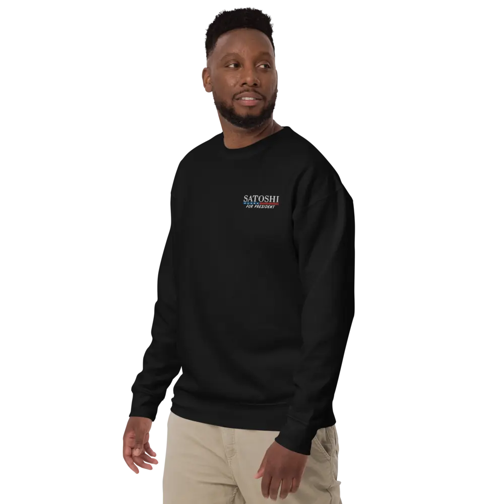bitcoin sweatshirt - satoshi for president - worn by male - black