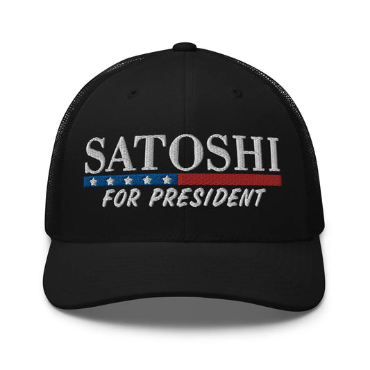 satoshi for president bitcoin trucker hat front view black