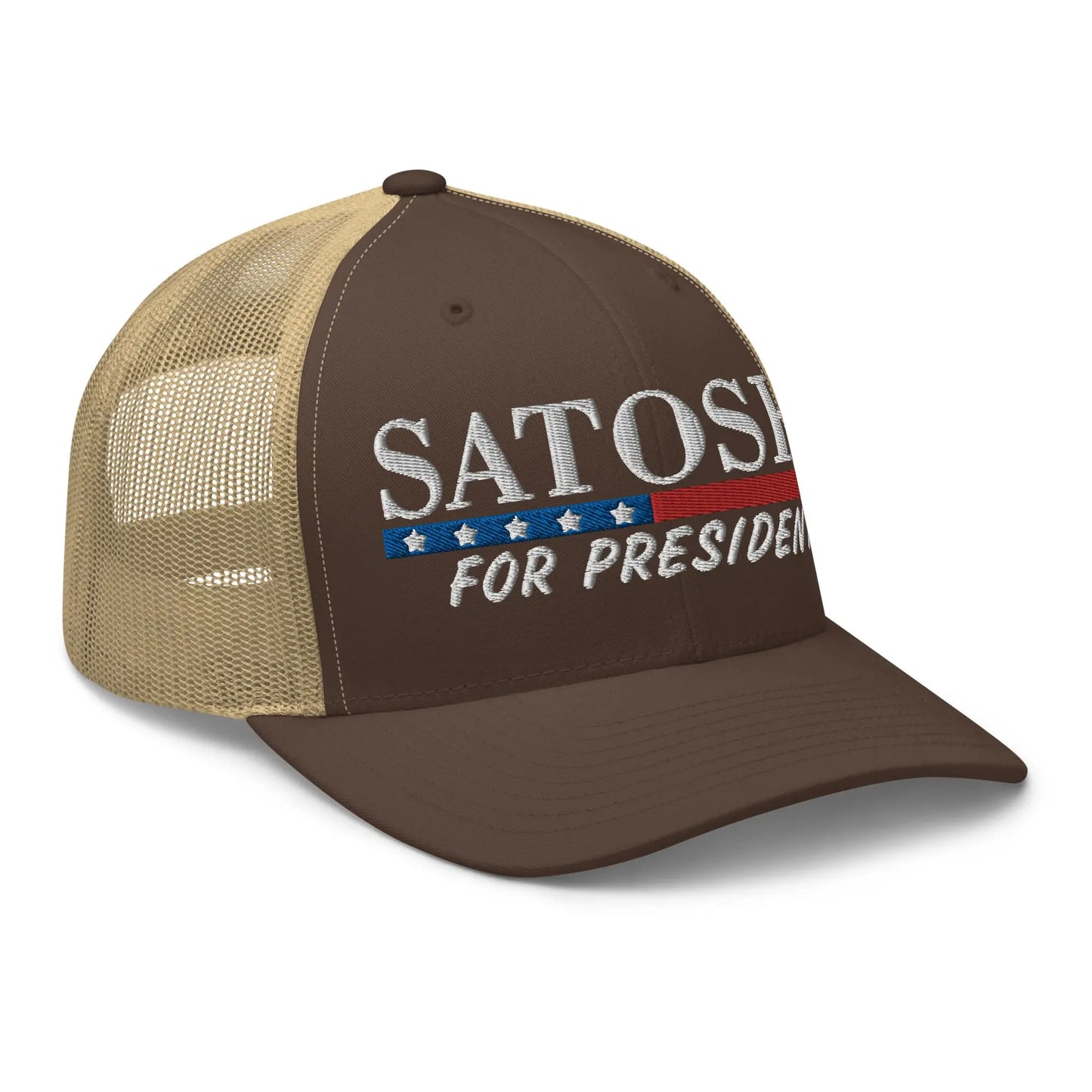 bitcoin trucker hat satoshi for president design angled brown and khaki