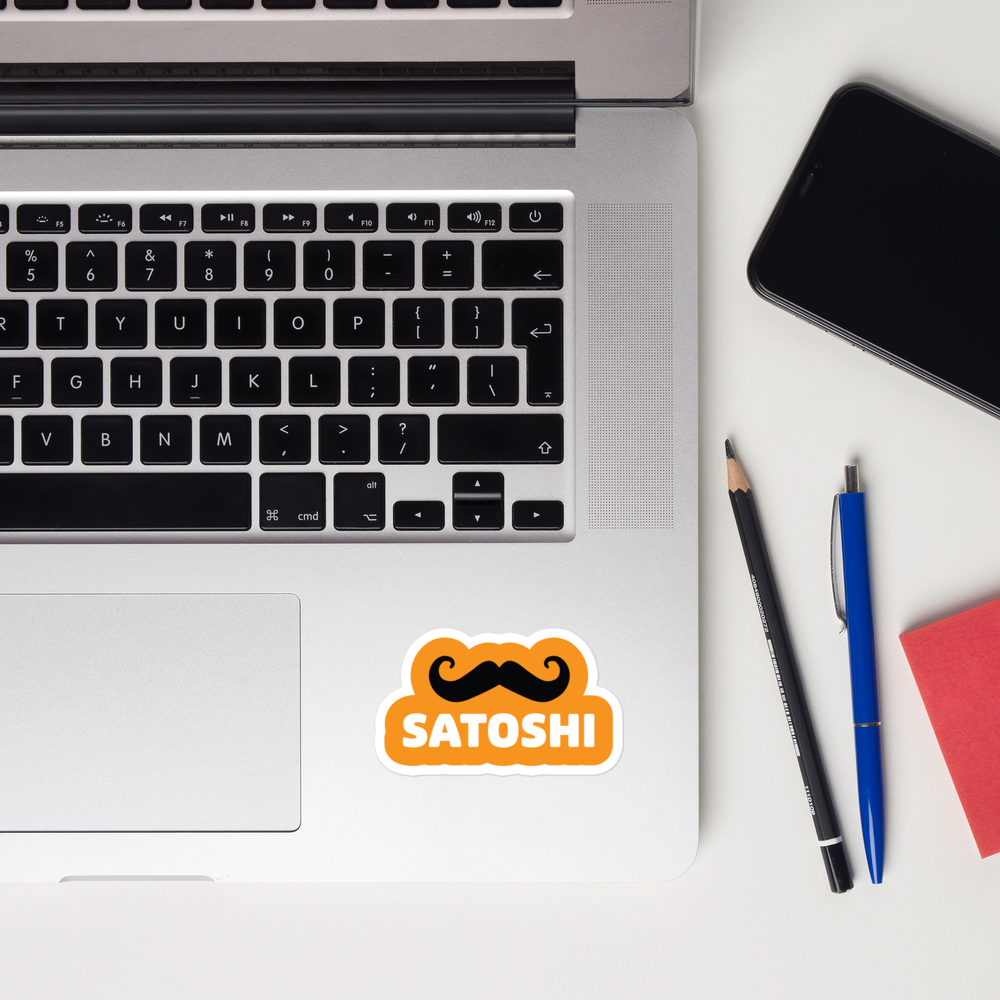 bitcoin sticker - satoshi moustache - laptop close up