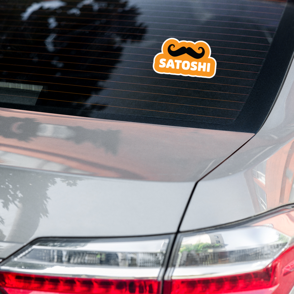 bitcoin sticker - satoshi moustache - on car window
