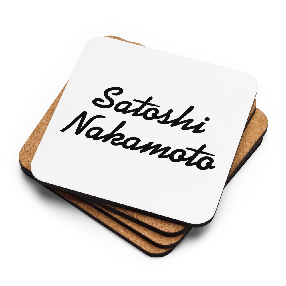 Satoshi Nakamoto Bitcoin coaster – stacked with cork back