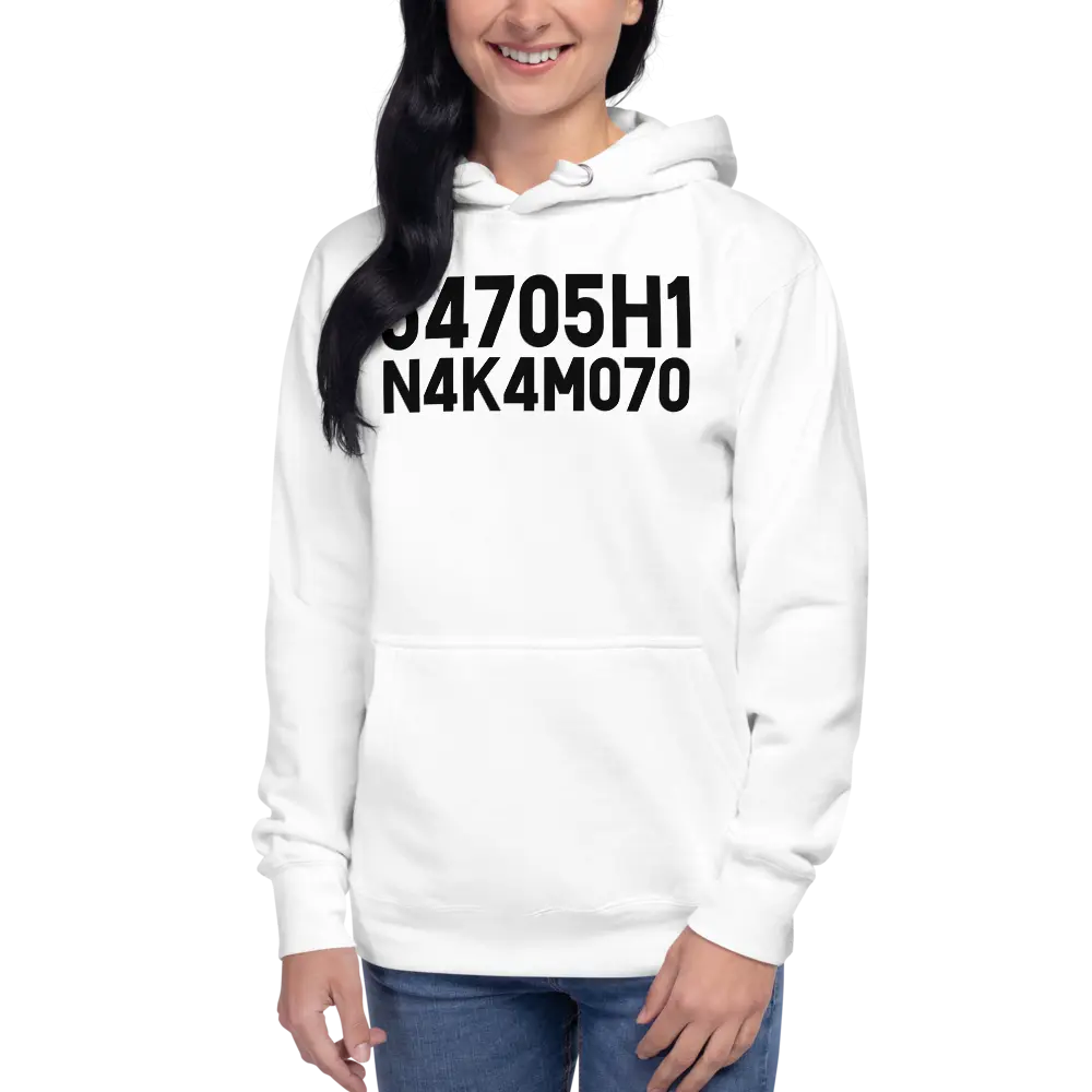 bitcoin hoodie - satoshi nakamoto design - worn by female model