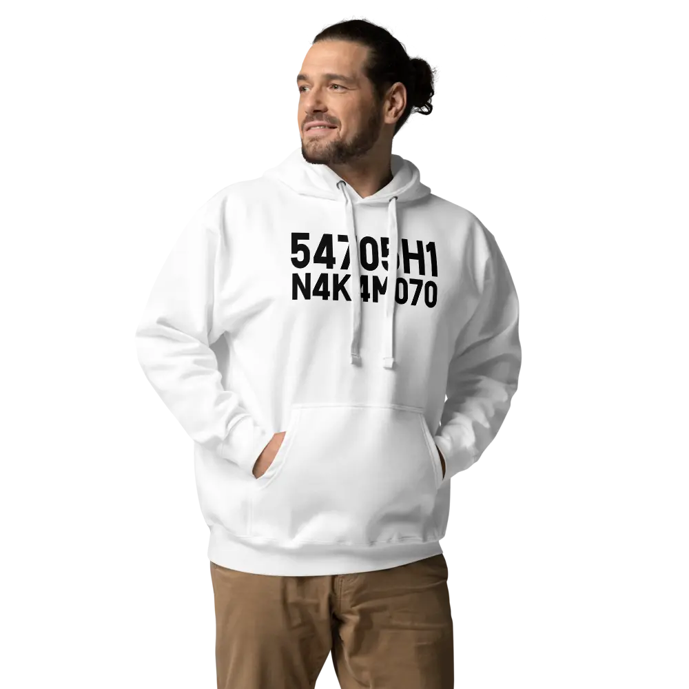 bitcoin hoodie - satoshi nakamoto design - worn by male model