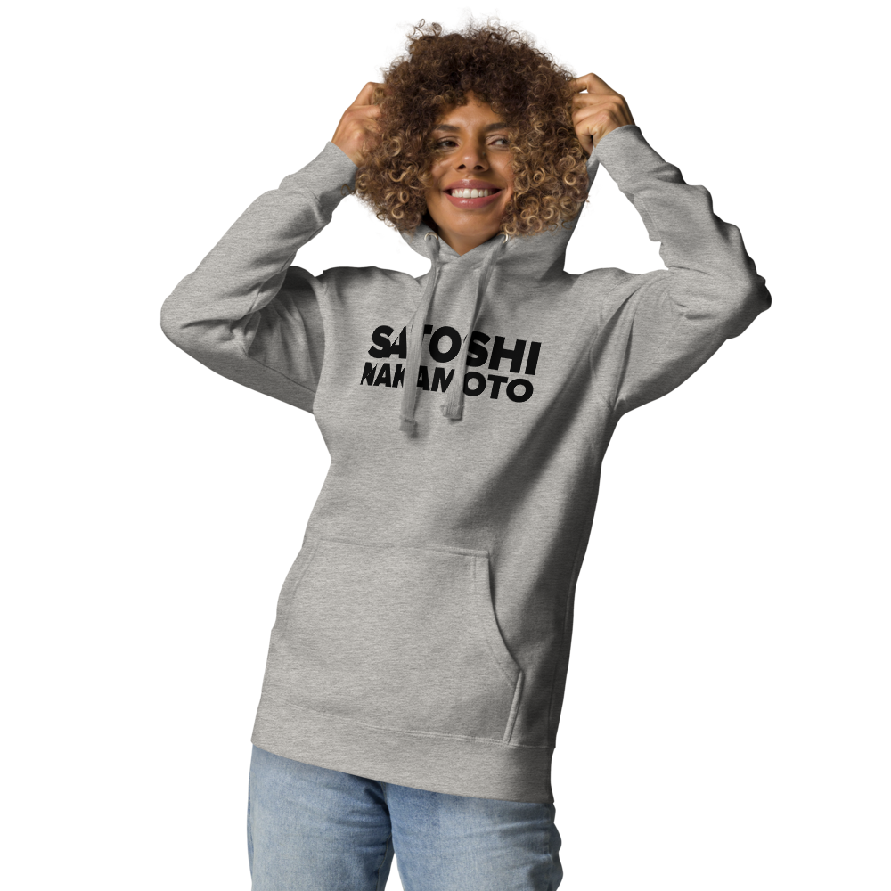 bitcoin hoodie - satoshi nakamoto - worn by model - female