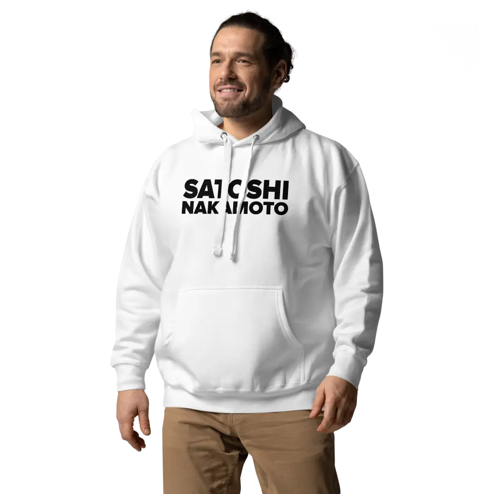 bitcoin hoodie - satoshi nakamoto - worn by model - male