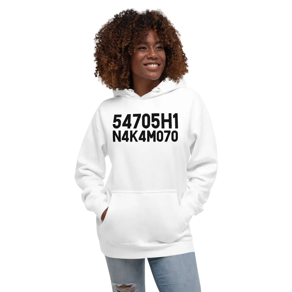 bitcoin hoodie - satoshi nakamoto design - worn by model