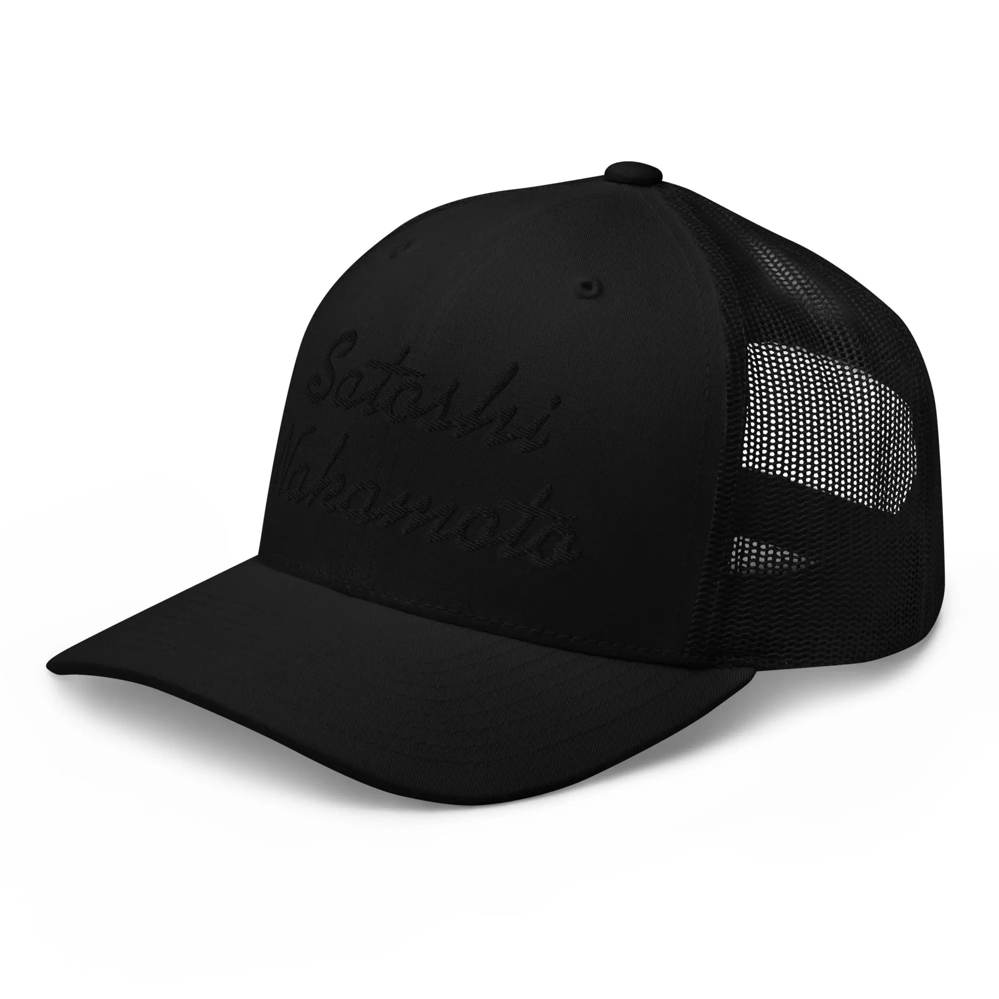 bitcoin trucker hat - satoshi nakamoto - angled front - black