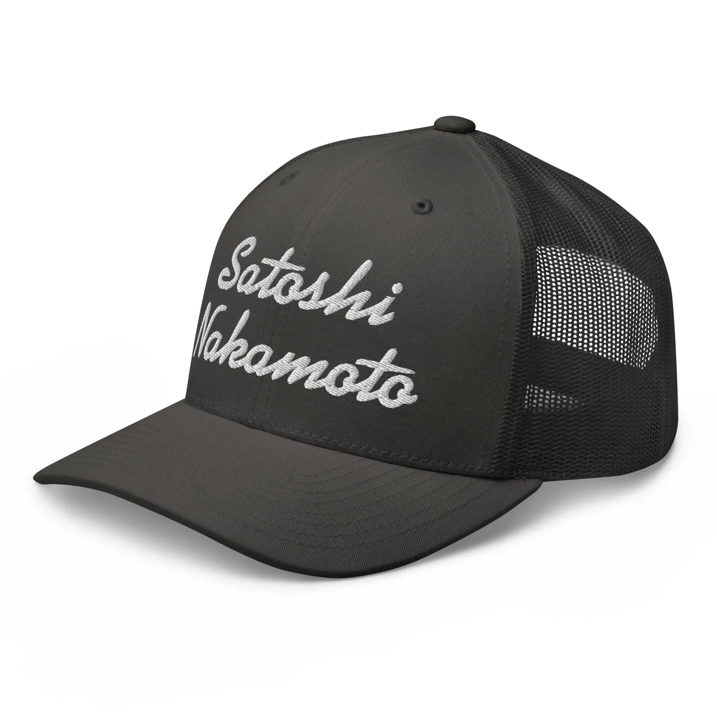 bitcoin trucker hat - satoshi nakamoto - angled front left view - charcoal
