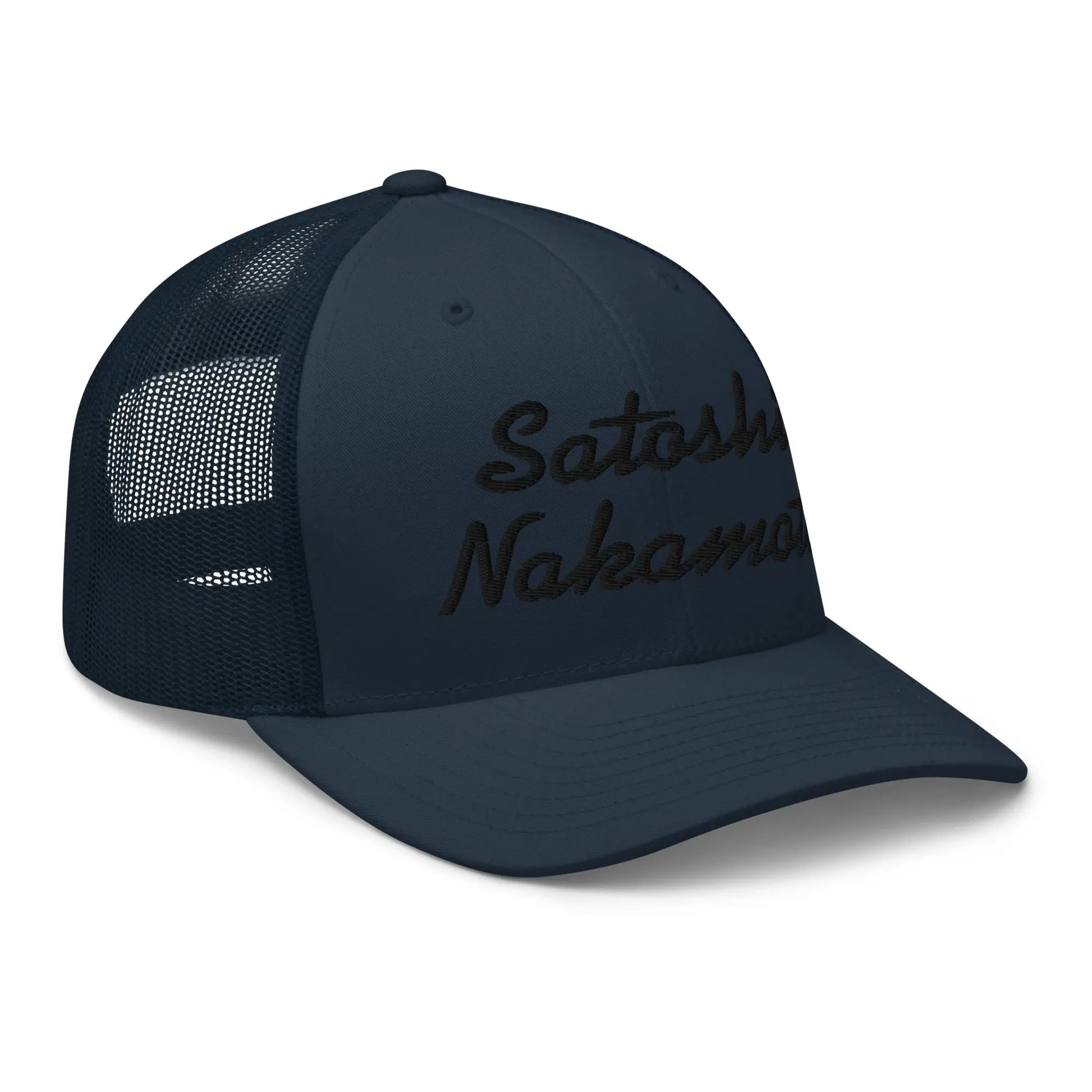 bitcoin trucker hat - satoshi nakamoto - angled front view - navy