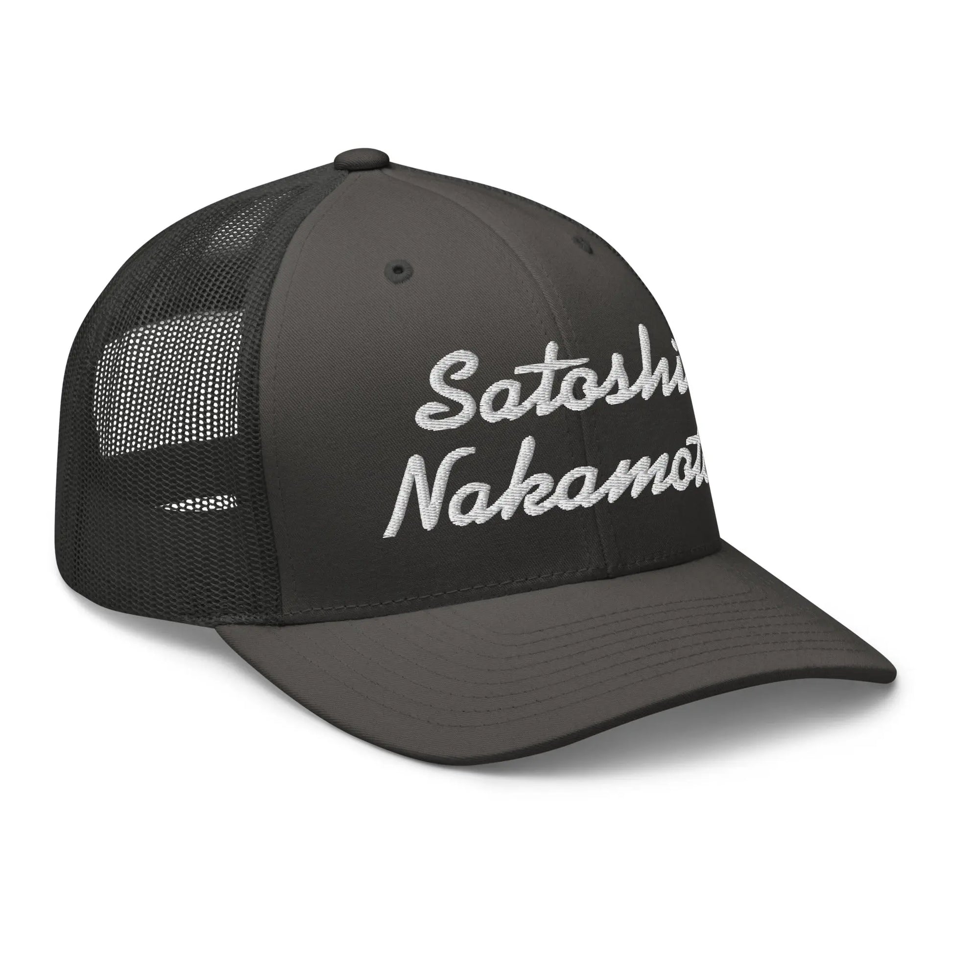 bitcoin trucker hat - satoshi nakamoto - angled front right view - charcoal