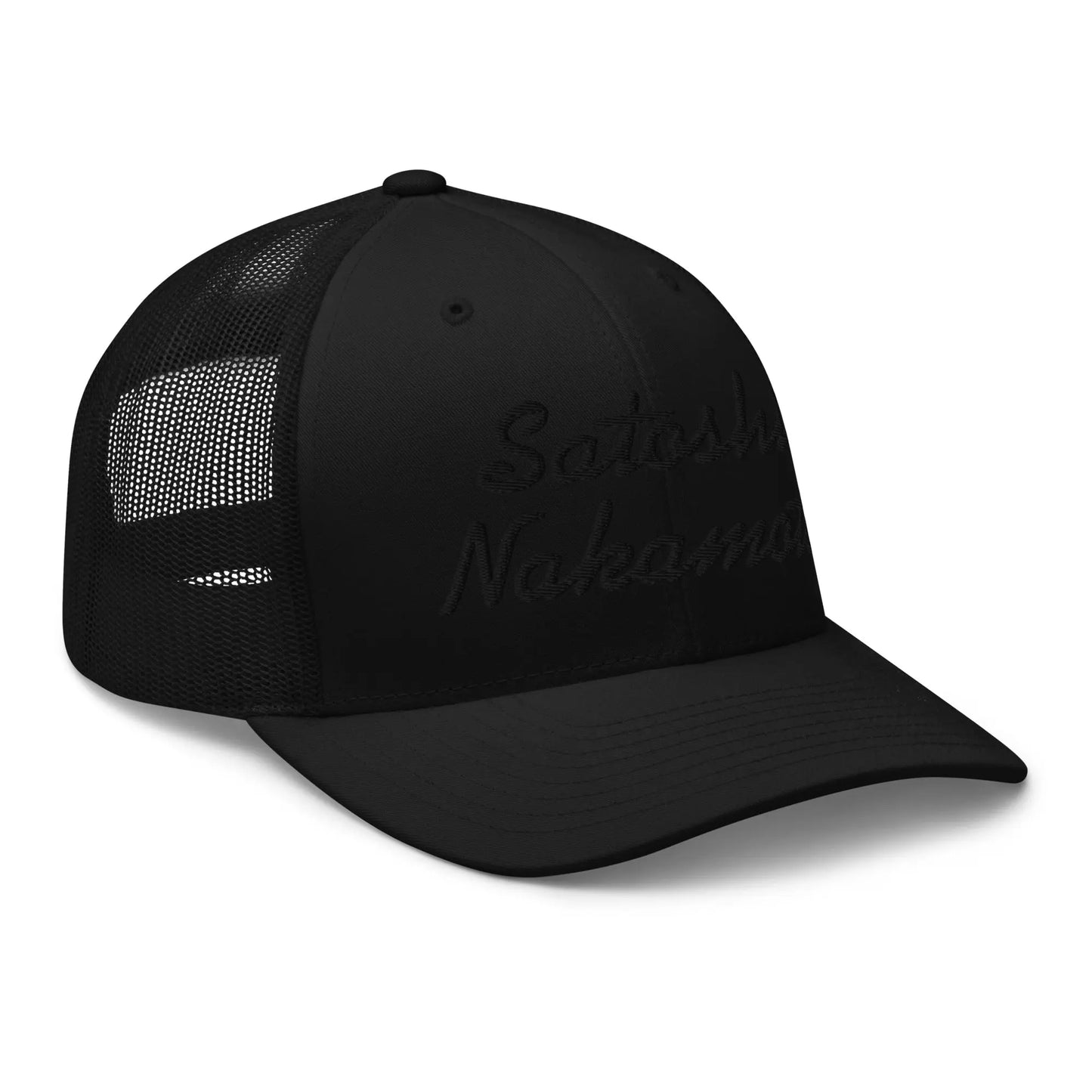 bitcoin trucker hat - satoshi nakamoto - angled front view - black