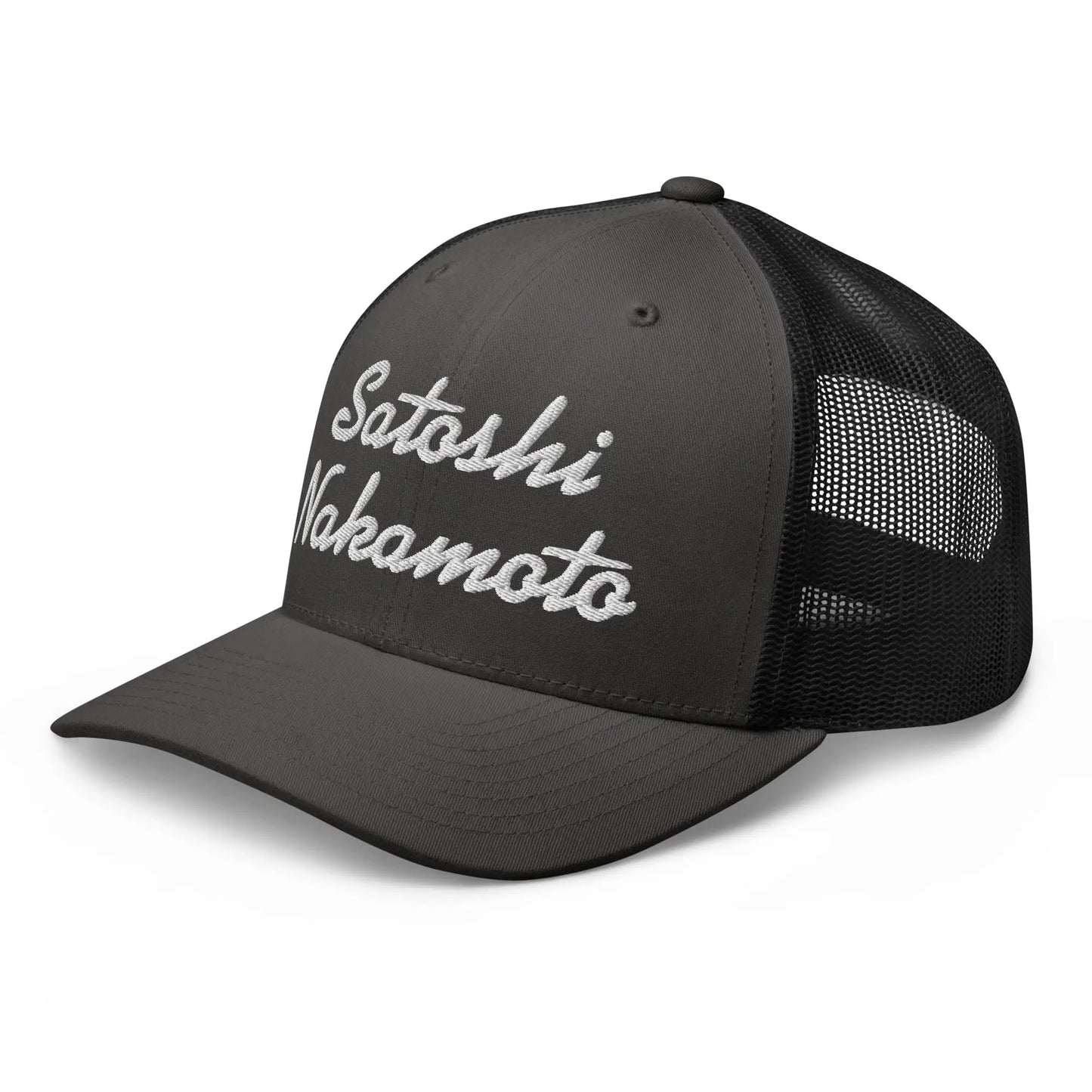 bitcoin trucker hat - satoshi nakamoto - angled front view - charcoal - left