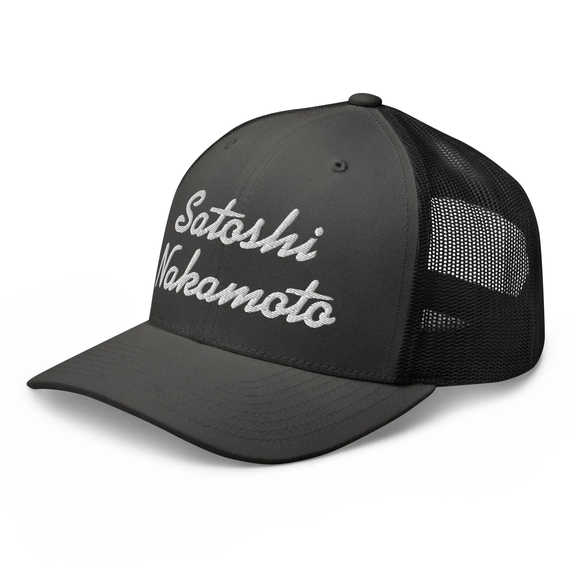 bitcoin trucker hat - satoshi nakamoto - angled front view - charcoal - left