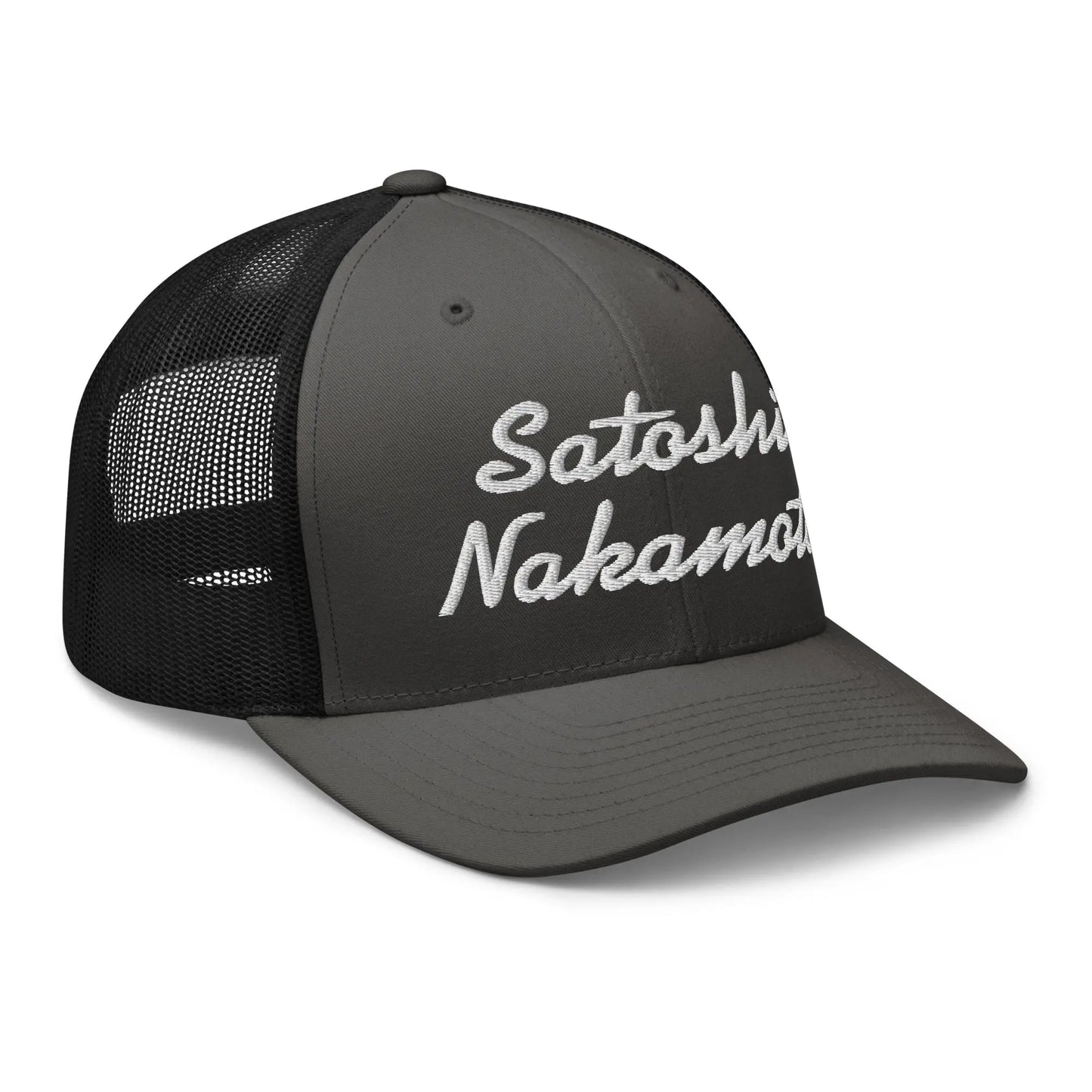bitcoin trucker hat - satoshi nakamoto - angled front view - charcoal
