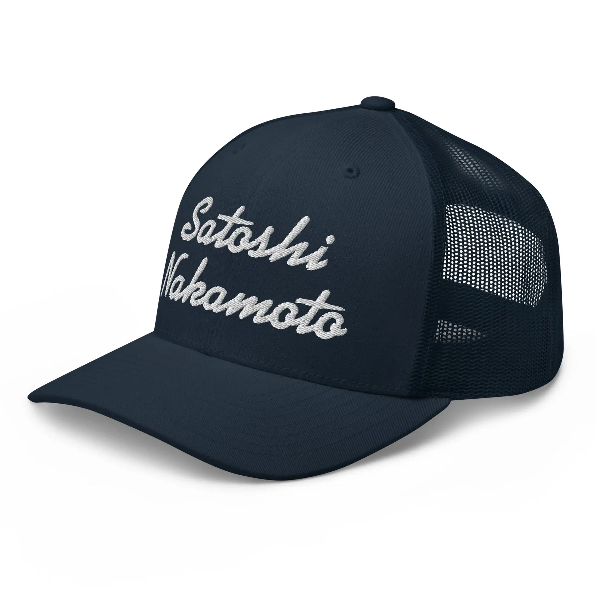 bitcoin trucker hat - satoshi nakamoto - angled front view - left - navy