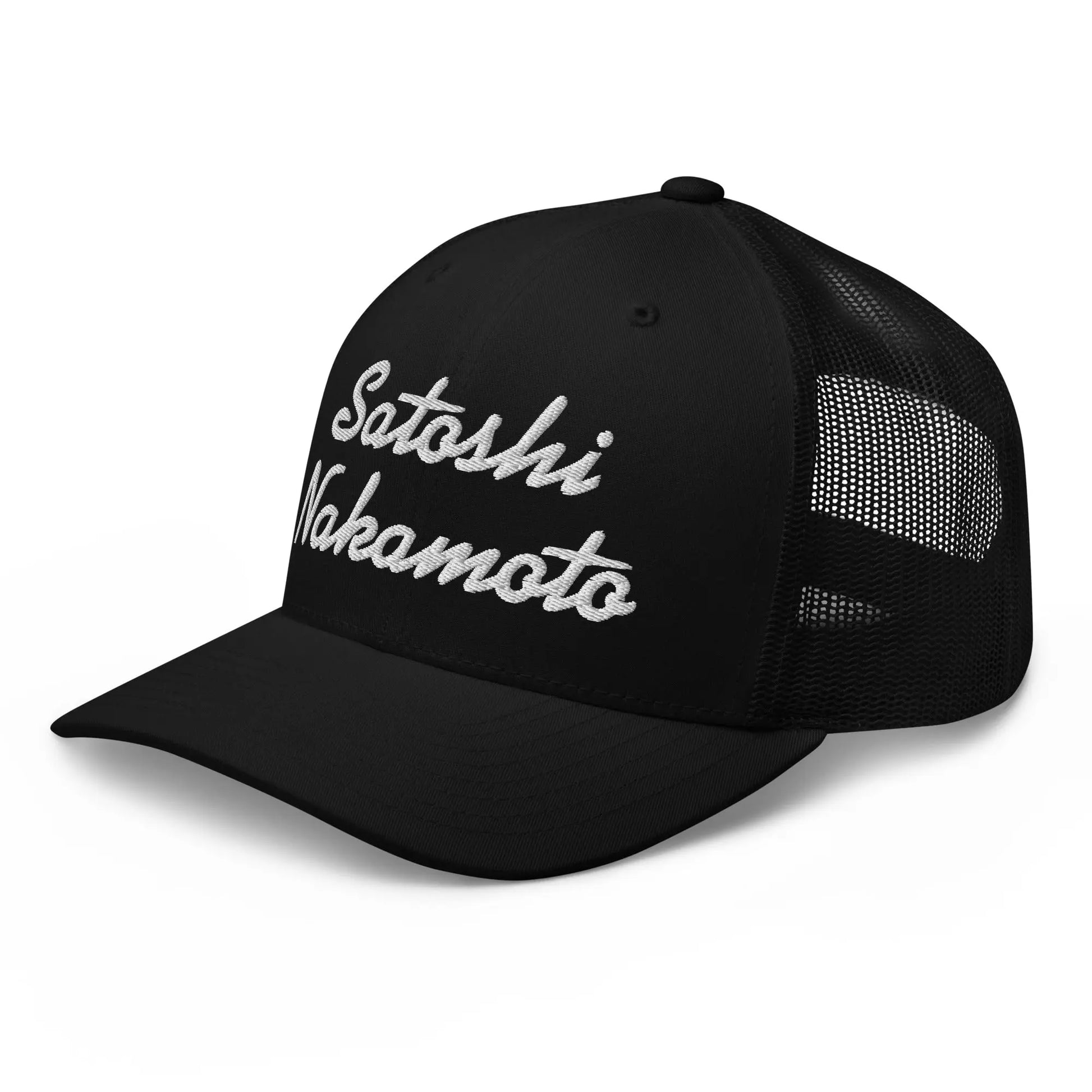 bitcoin trucker hat - satoshi nakamoto - angled front view - left