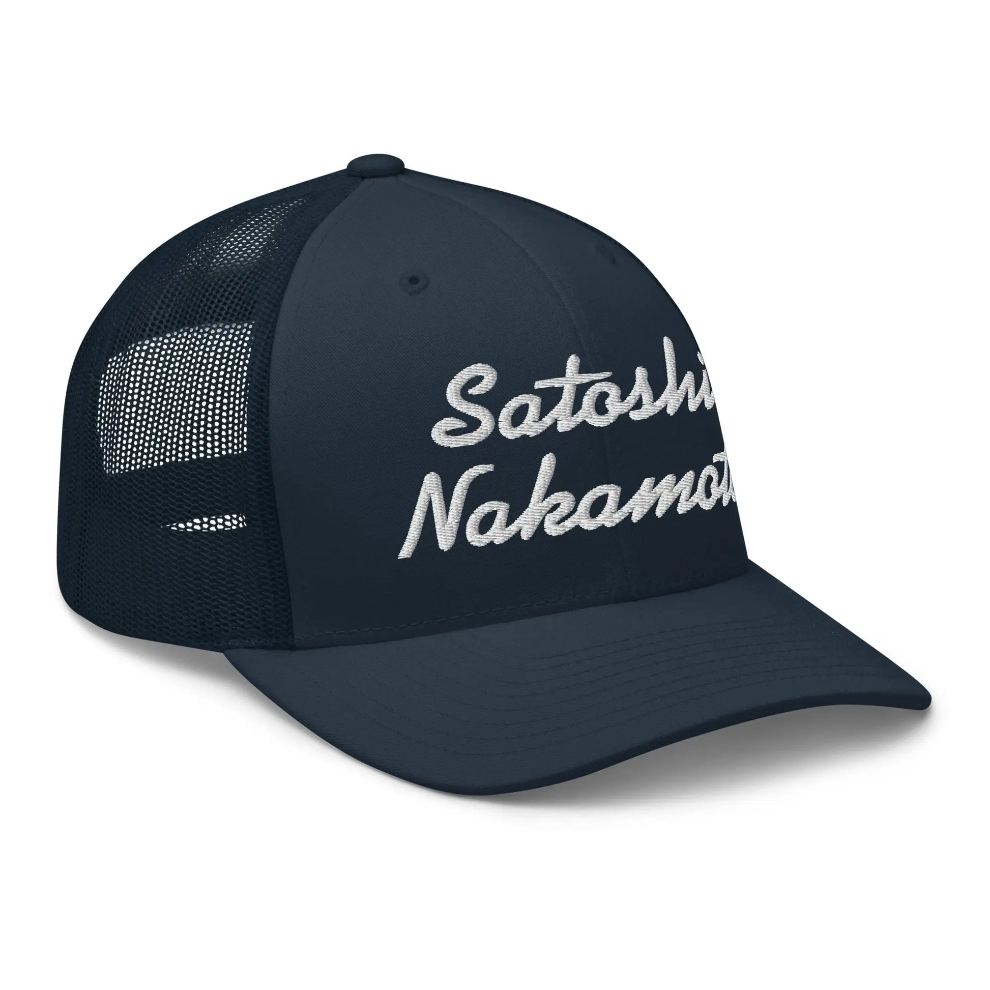 bitcoin trucker hat - satoshi nakamoto - angled front view - navy