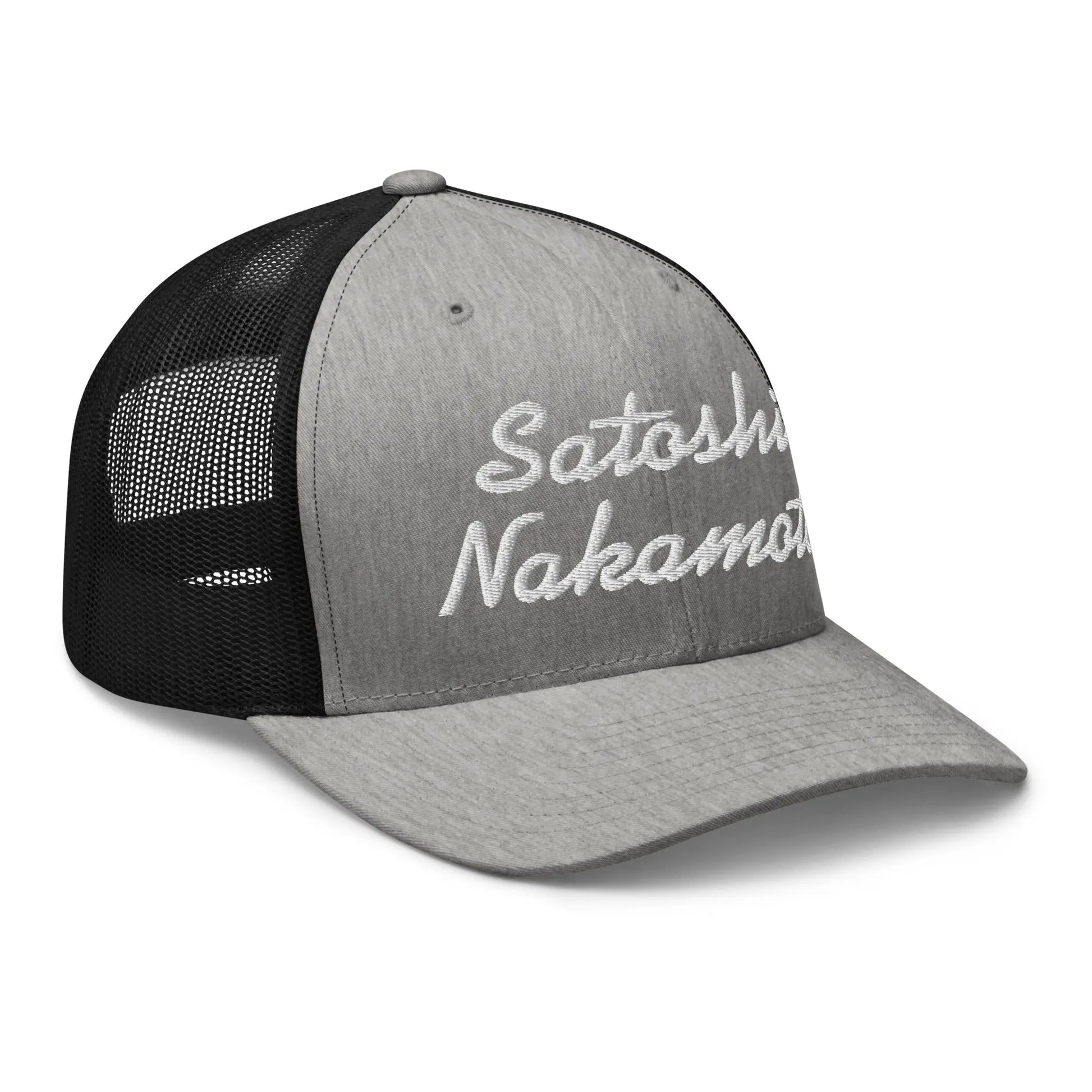 bitcoin trucker hat - satoshi nakamoto - angled front view right - heather black