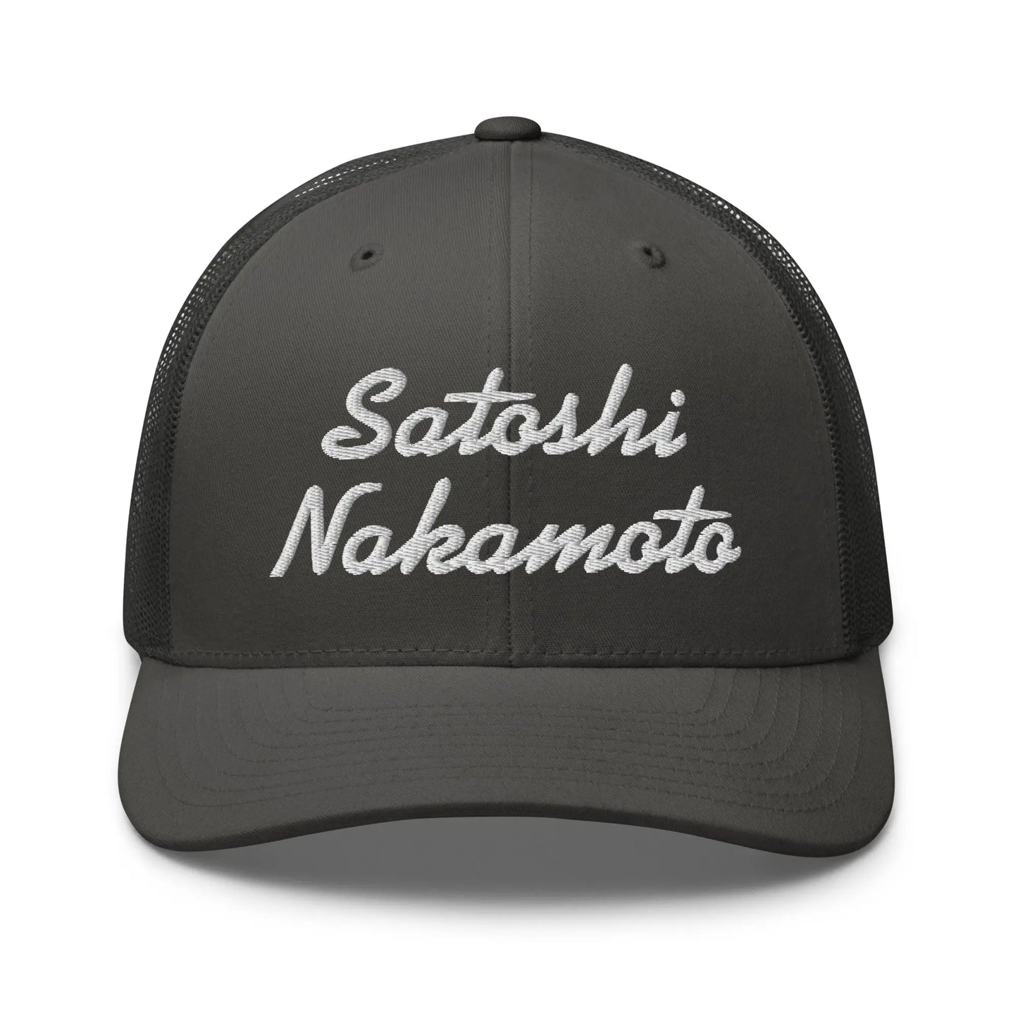bitcoin trucker hat - satoshi nakamoto - front view - charcoal