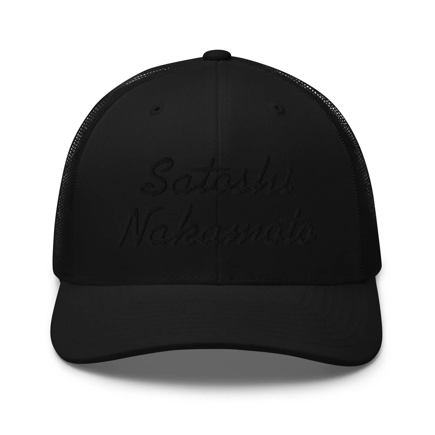 bitcoin trucker hat - satoshi nakamoto - front view - black