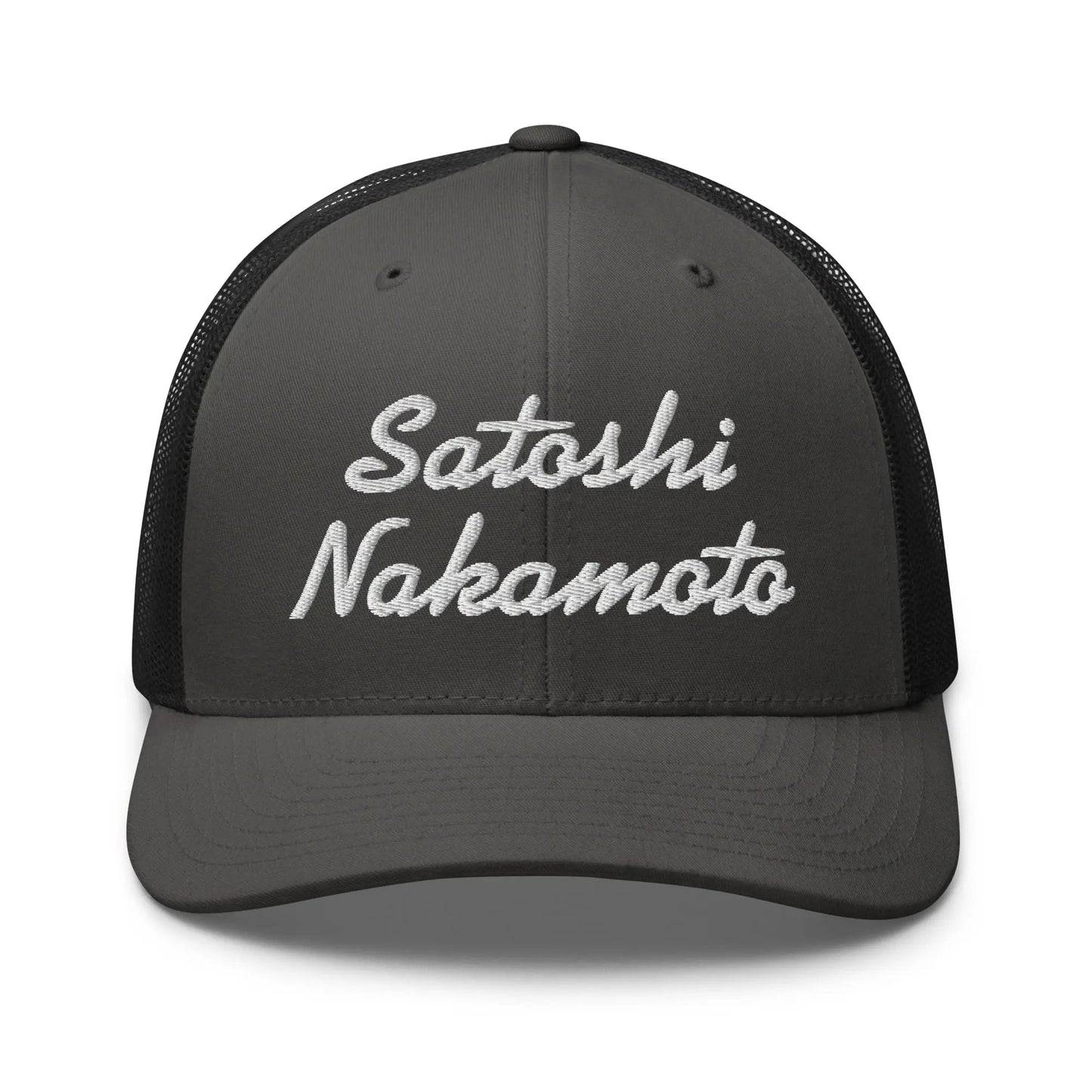 bitcoin trucker hat - satoshi nakamoto - front view - charcoal