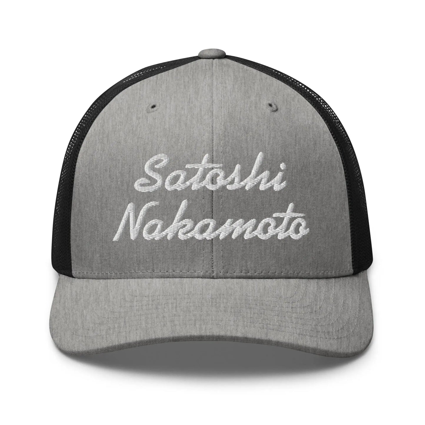 bitcoin trucker hat - satoshi nakamoto - front view - heather - black