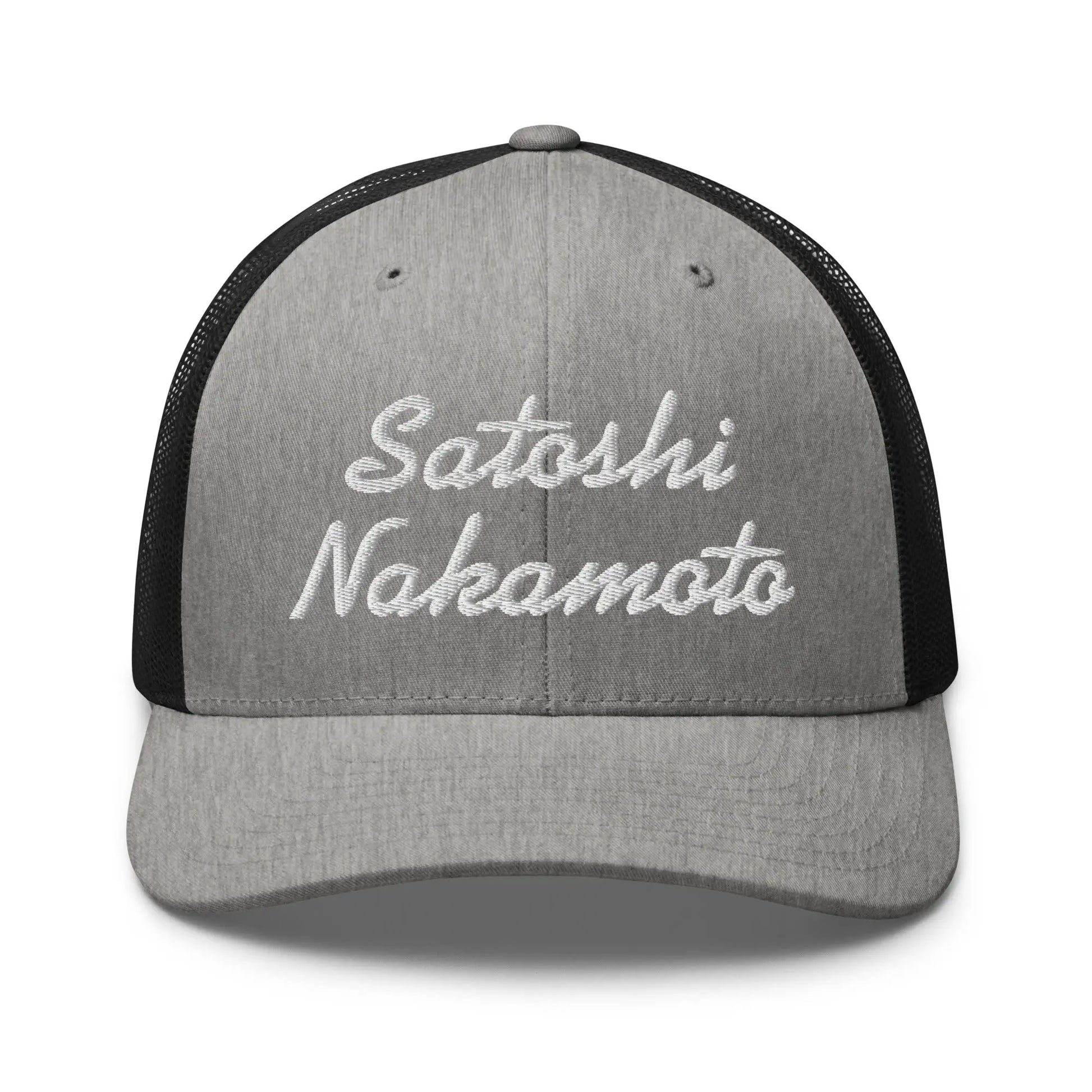 bitcoin trucker hat - satoshi nakamoto - front view - heather - black