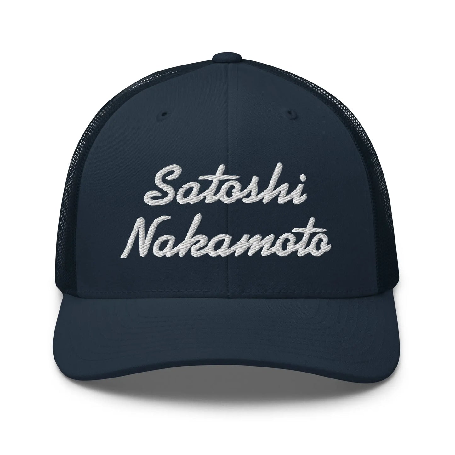 bitcoin trucker hat - satoshi nakamoto - front view - navy